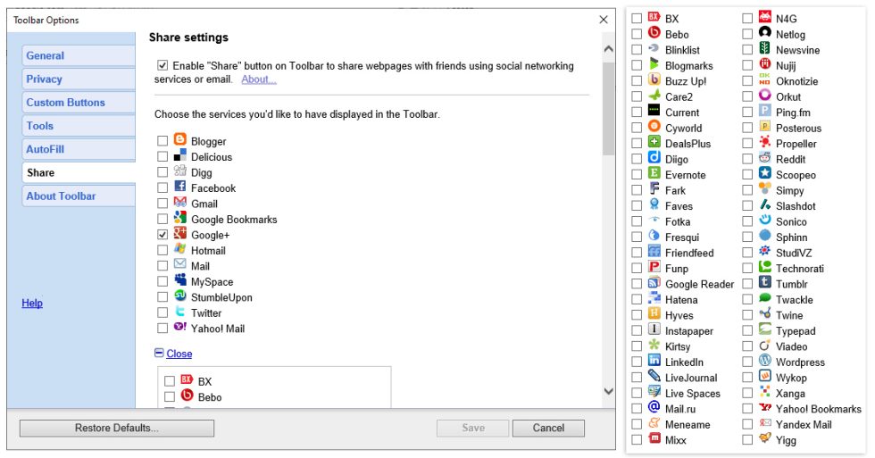 By the end, Google Toolbar's share settings were just a huge graveyard. All the off-screen options are listed on the right.