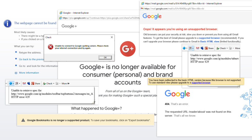 The "Google Toolbar in 2021" experience. These are just some of the error messages I encountered. 