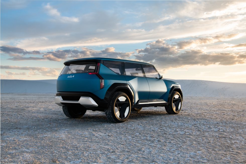 The EV9 concept has some broad shoulders and tail lights that echo the Telluride SUV.