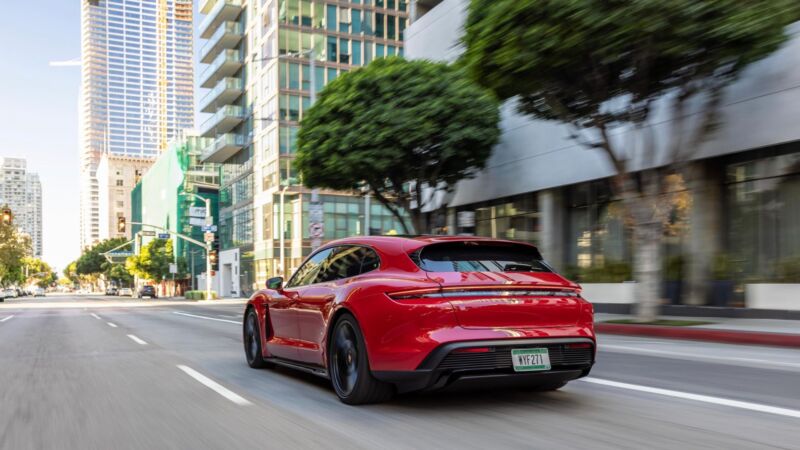 2022 Taycan GTS Sport Turismo rear three-quarter view