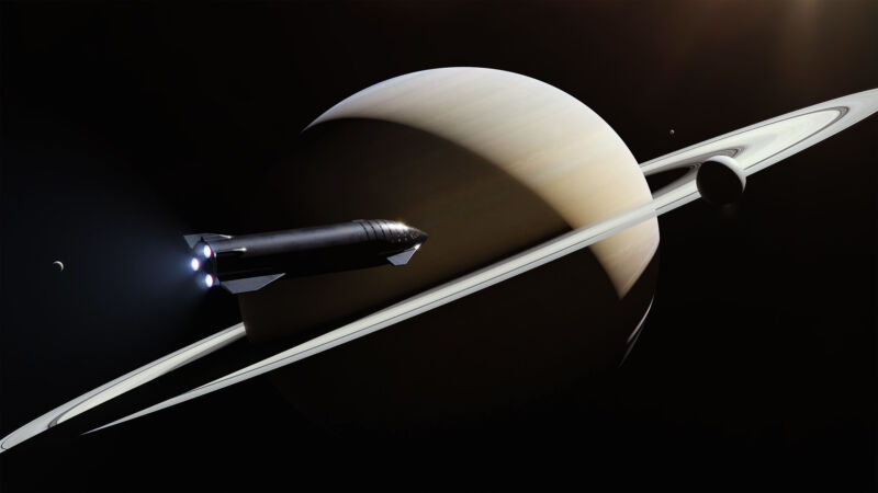 A rocket flies toward a ringed gas giant.