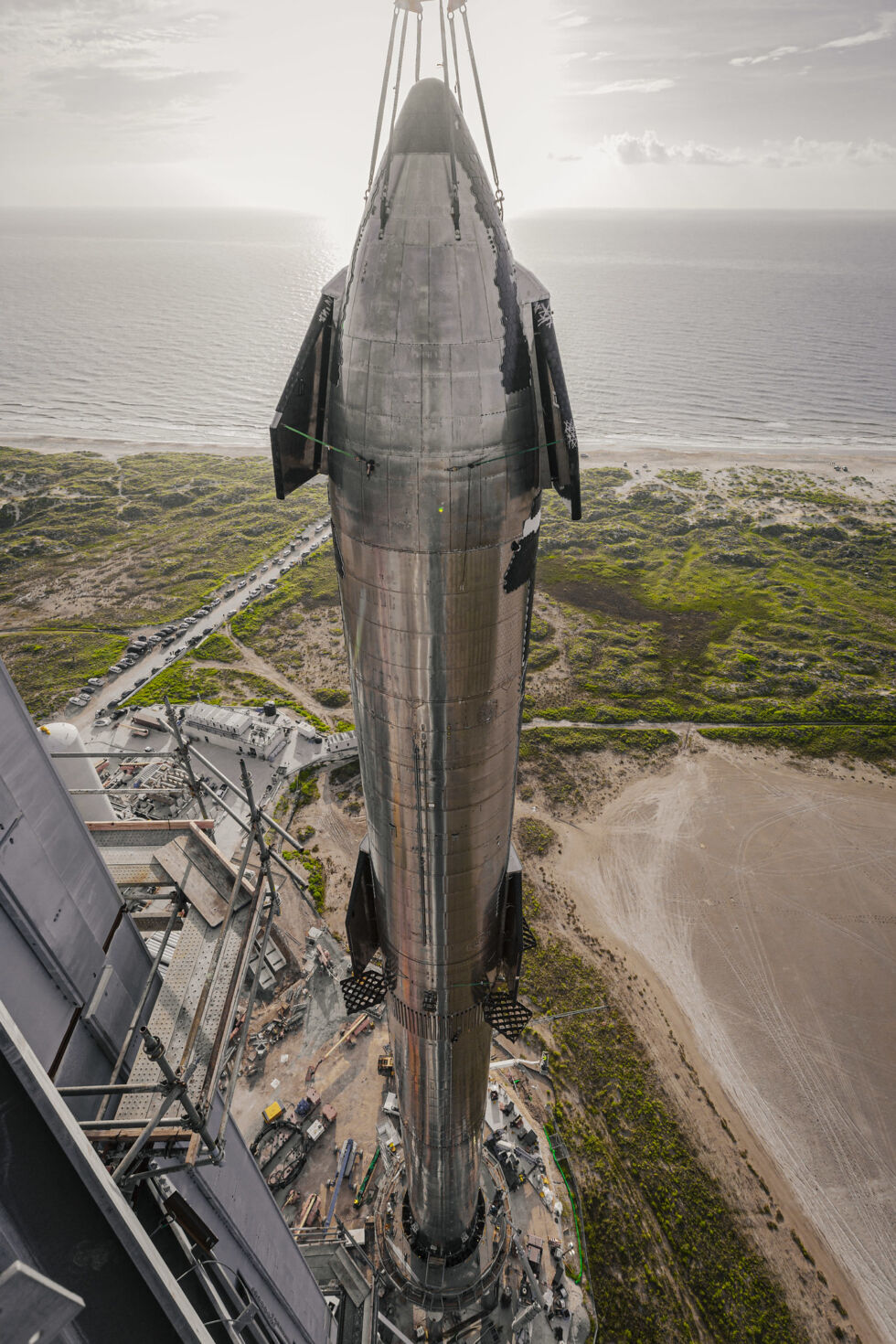 Starship is stacked on top of a Super Heavy booster for the first time in August 2021.