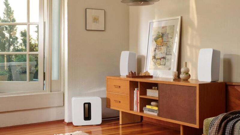 Sonos Sub (Gen 3) on wood floor in living room