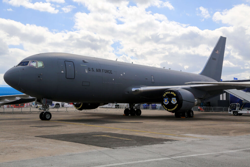 A Boeing KC-46 Pegasus tanker at the 2019 Paris Air Show. Based on the 767 platform, the KC-46 has had a <a href="https://en.wikipedia.org/wiki/KC-X">rocky development history</a>.