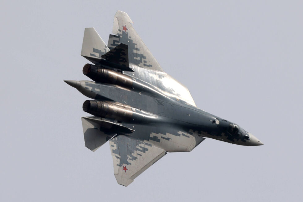 Russia's fifth-generation fighter, the Sukhoi SU-57, at the MAKS2021 International Aviation and Space Salon in Zhukovsky, Russia.