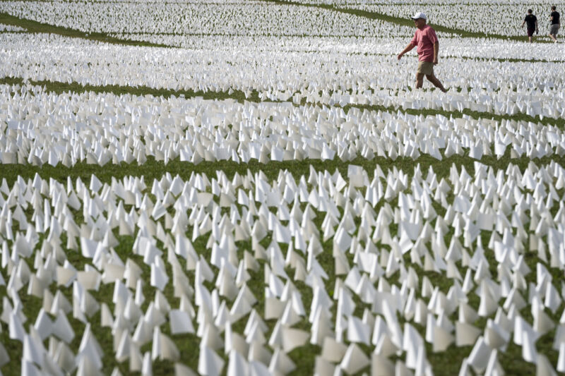 A man walks through "In America: Remember," a public art installation commemorating all the Americans who have died due to COVID-19, on the National Mall September 21, 2021, in Washington, DC. The concept of artist Suzanne Brennan Firstenberg, the installation includes more than 660,000 small plastic flags, some with personal messages to those who have died, planted in 20 acres of the National Mall.