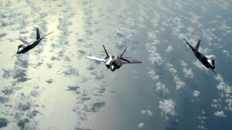 A three-ship flight of F-22 Raptors. As one of the US Air Force