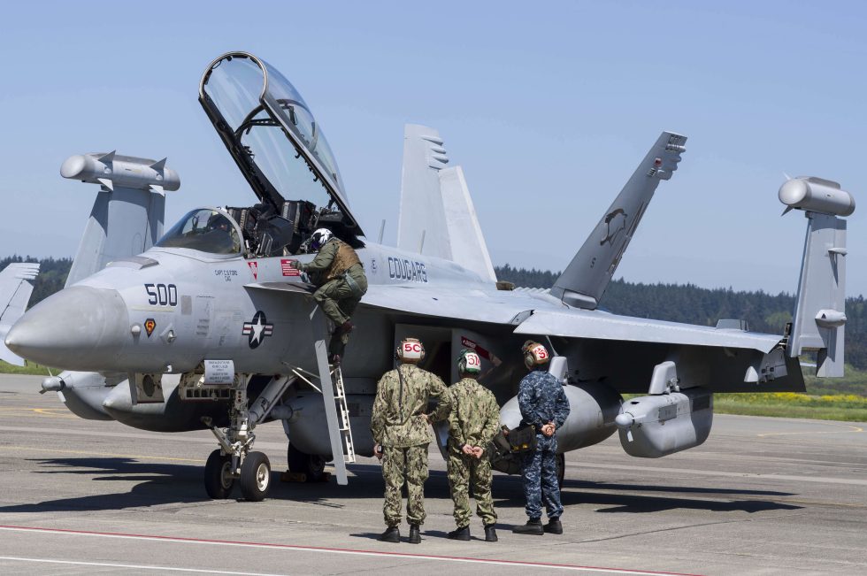 An aviator climbs aboard an <a href="https://en.wikipedia.org/wiki/Boeing_EA-18G_Growler">EA-18G Growler</a>, an electronic warfare aircraft based on the FA-18 Super Hornet. The Growler's job is to jam enemy radars, mess with their communications, suppress their air defenses, and launch radar-guided missiles at whatever it sees.