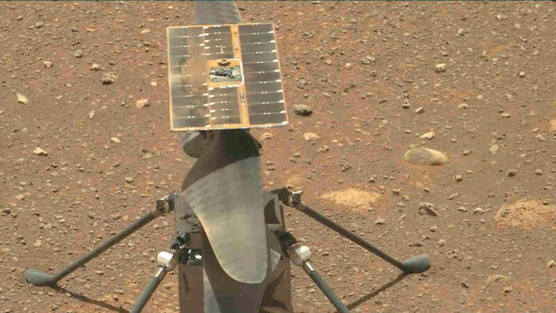 A close-up view of <em>Ingenuity</em> on Mars, as seen by the <em>Perseverance</em> rover, in April.