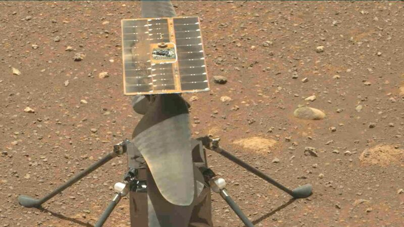 A close-up view of <em>Ingenuity</em> on Mars, as seen by the <em>Perseverance</em> rover.