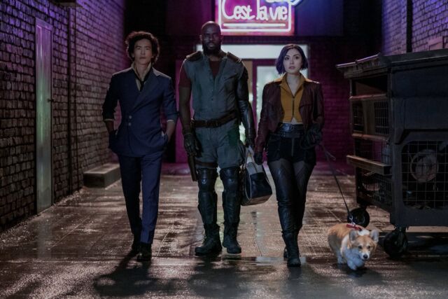 Spike, Jet, Faye, and Ein take a walk.  Notably absent this season: Edward.
