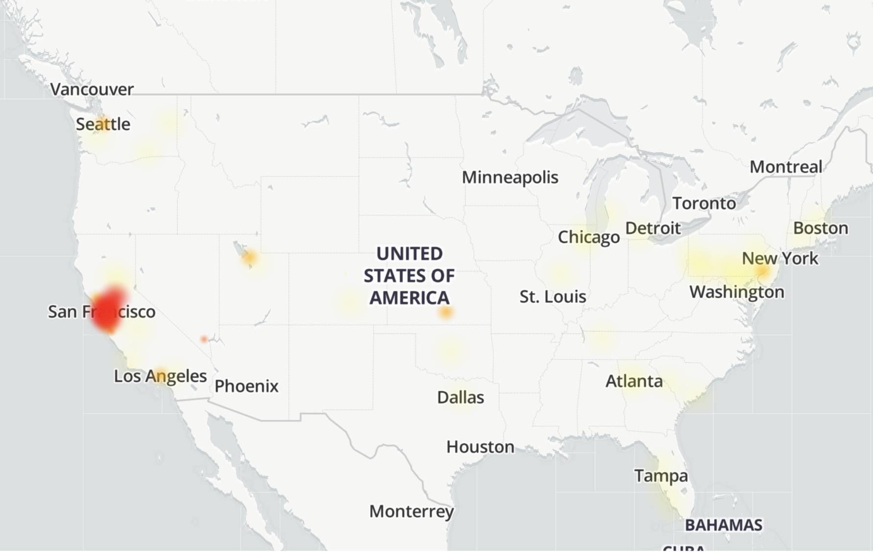 Downdetector's Comcast Heatmap shows where user-submitted problem reports are concentrated over the past 24 hours.