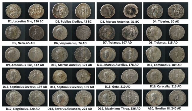 Photos of Roman coins from the republican to the imperial periods characterized. D – Denarii, A – Antoninianus. Dates are approximate.