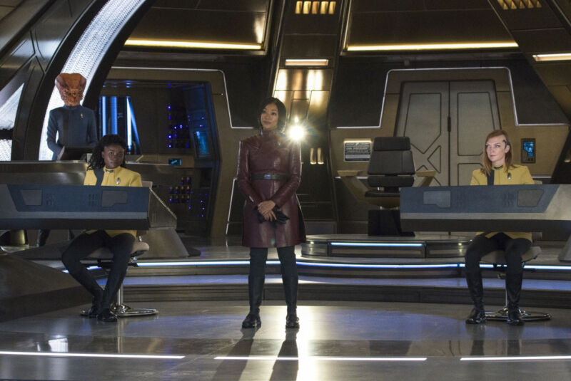 Pictured: Oyin Oladejo as Lt. Joann Owosekun, Sonequa Martin Green as Burnham, and Emily Coutts as Lt. Keyla Detmer of the Paramount+ original series <em>Star Trek: Discovery</em>.