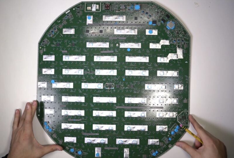A large circuit board that has been removed from a Starlink satellite dish.