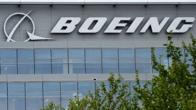 A Boeing logo on the exterior of the company's headquarters.