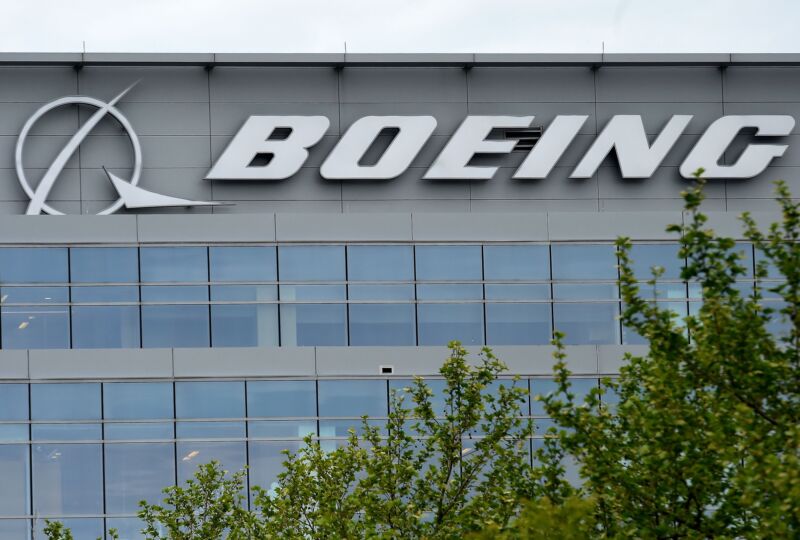 A Boeing logo on the exterior of the company's headquarters.