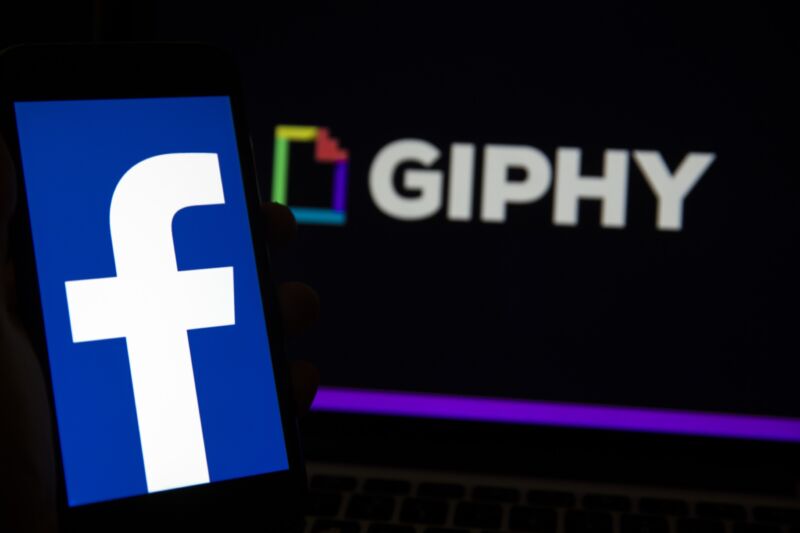 Facebook and Giphy logos are displayed on a laptop and a mobile phone screen.