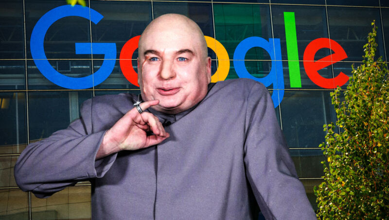 The fictional character Dr. Evil in front of a Google sign.