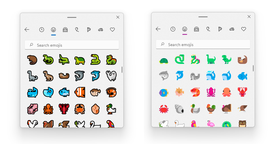 Una selezione di vecchi emoji in stile Windows 10 (a sinistra) e una riprogettazione di Windows 11. Le nuove versioni eliminano i contorni spessi, quindi ora sembrano più chiari e luminosi.