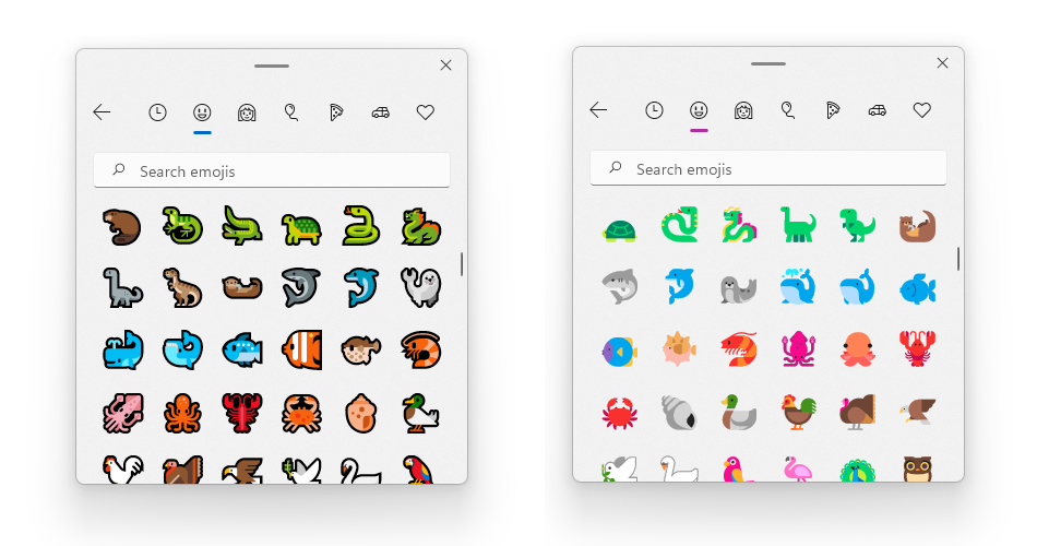 Una selección de antiguos emoji al estilo de Windows 10 (izquierda) y rediseños de Windows 11. Las versiones más nuevas eliminan los contornos gruesos, por lo que ahora todos se ven más claros y brillantes.