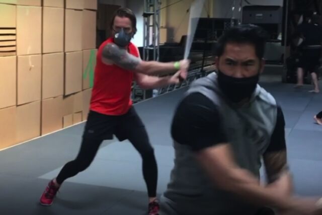 Hayden Christensen does a bit of training with a mock lightsaber for the forthcoming series <em>Obi-Wan Kenobi.</em> 
