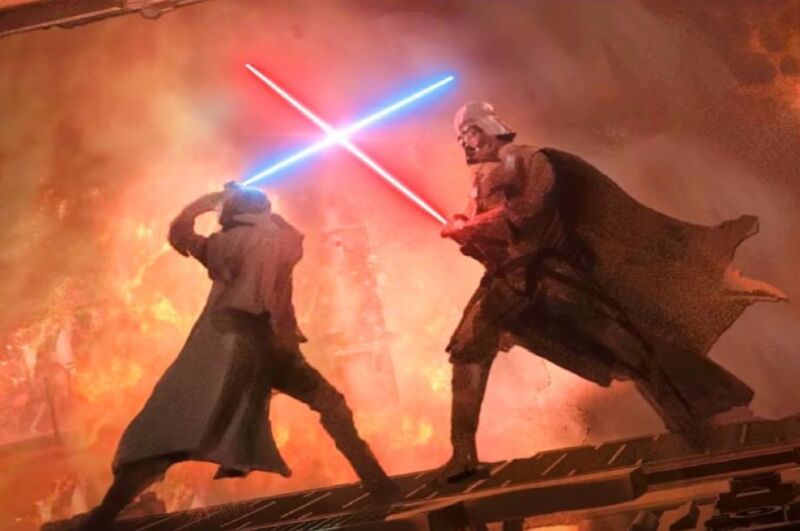 Konceptkunst til <em>Obi-Wan Kenobi</em> shows the titular character that locks the lightsabers with none other than Darth Vader. “/><figcaption class=