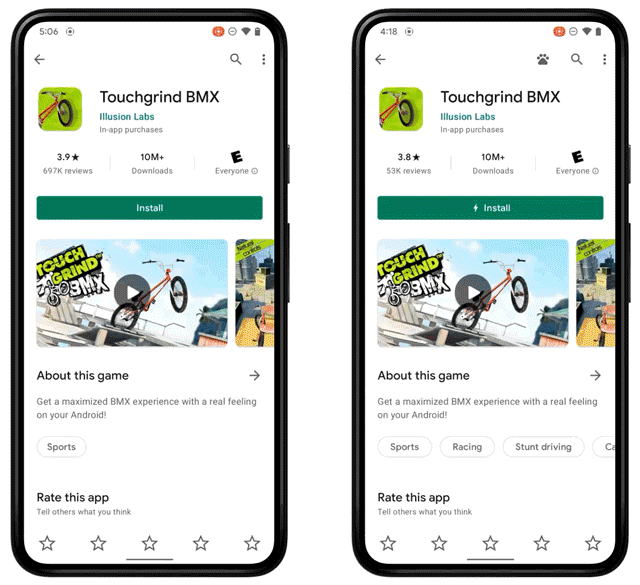 Google's play-as-you-download example gif. Notice how the play-as-you-download game on the right starts up at around 20 percent, while the regular install takes longer to start. 