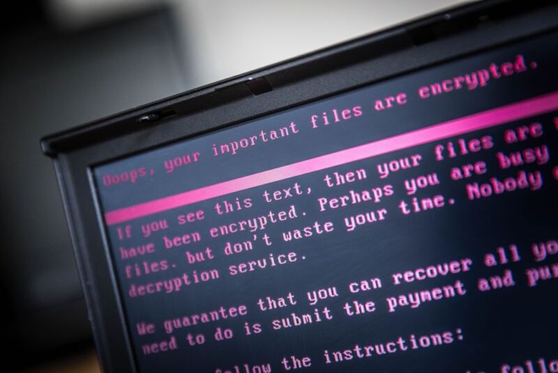 Ransom information on a monochrome computer screen.