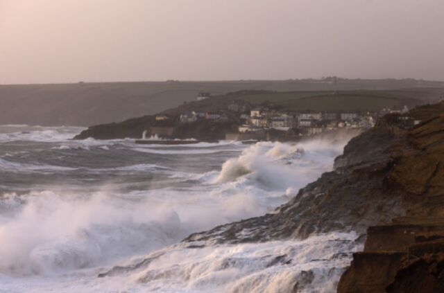 Waves crash into the coastline at Porthleven, Cornwall, during the 2013-14 winter storms.