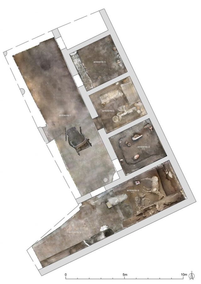 The layout of the stables, the portico, and the recently excavated "room of the slaves."