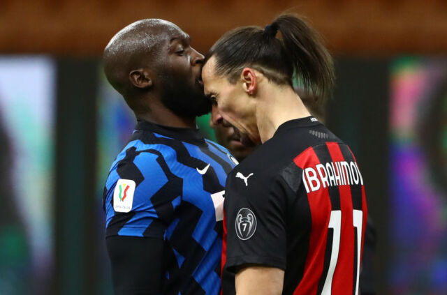 Romelu Lukaku of FC Internazionale clashes with Zlatan Ibrahimovic of AC Milan during the Coppa Italia match between FC Internazionale and AC Milan at Stadio Giuseppe Meazza on January 26, 2021, in Milan, Italy. 