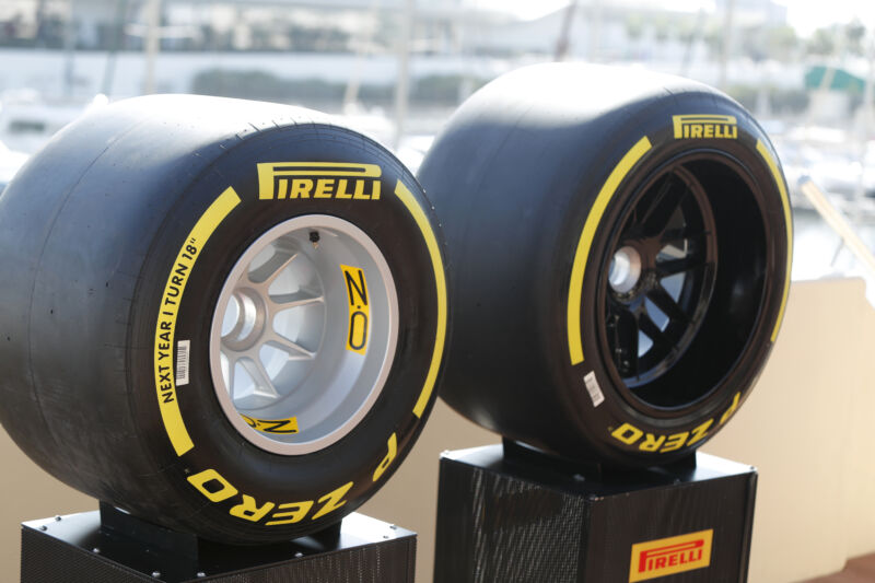 A pair of high-end tires side-by-side on pedastals.