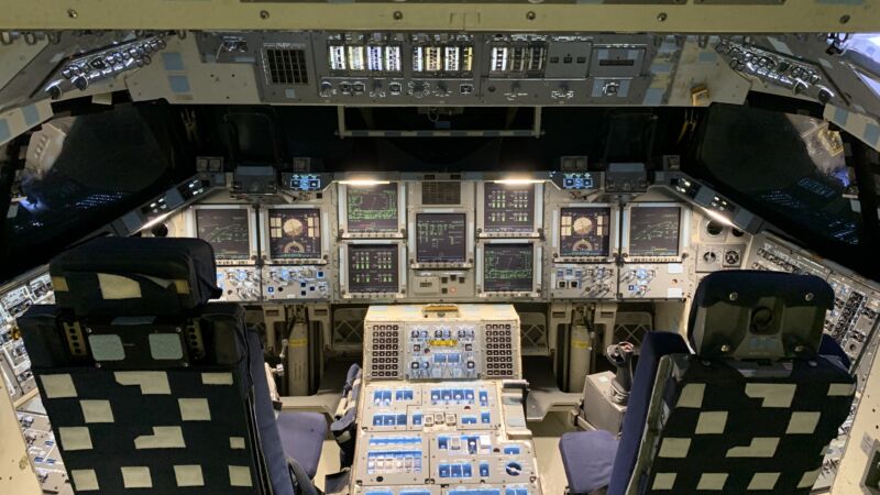 The cockpit of the restored space shuttle motion simulator.