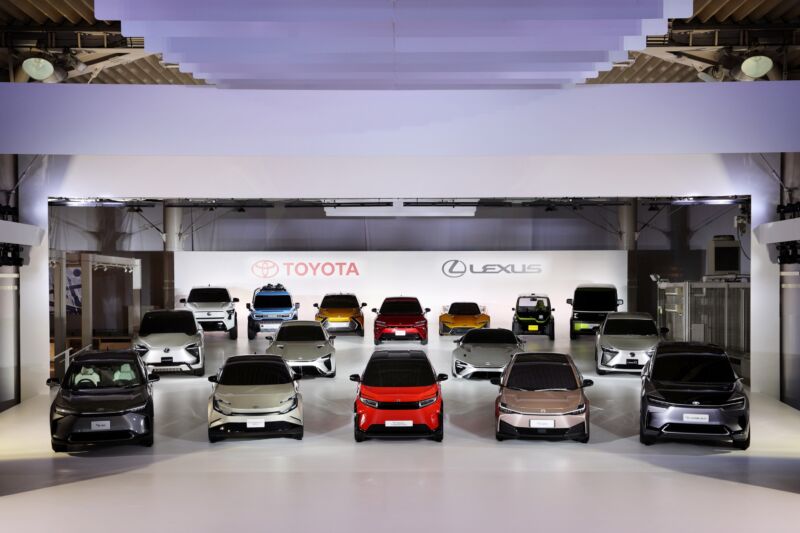 An array of Toyota and Lexus EV concepts shown on stage in Tokyo in 2021