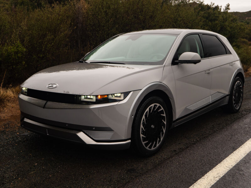 A slightly grimy Hyundai Ioniq 5 on an unusually wet and gray day in Southern California. 