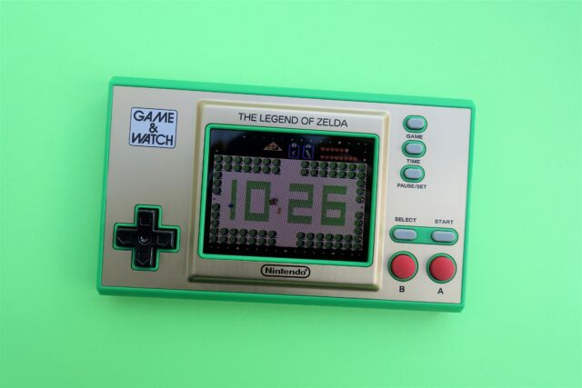 Nintendo's <em/>Legend of Zelda Game and Watch handheld puts three classics (<em>The Legend of</em> <em>Zelda</em>, <em>Zelda II: The Adventure of Link</em>, and <em>Link's Awakening</em>) in a miniature, retro-style handheld that can also double as a <em>Zelda</em>-themed clock 
