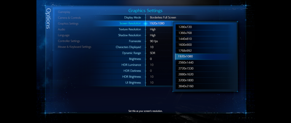This capture was taken while Windows 10's resolution was running at a 21:9 ratio. Those are black bars on the left and right of this captured screen. <em>FFVIIR</em> didn't acknowledge this fact in either menus or live gameplay.