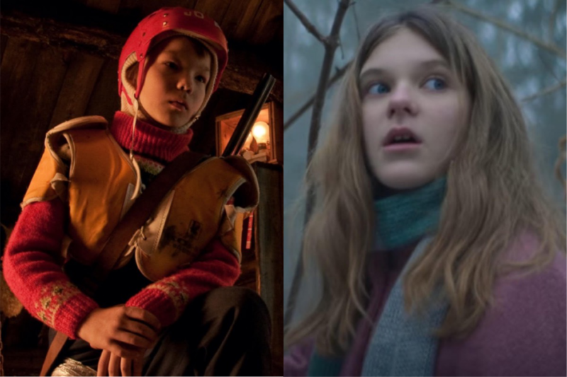 (left) A young boy named Pietari (Onni Tommila) battles a mythic/demonic Santa in <em>Rare Exports:  Christmas Tale</em>. (right) A young girl named Josefine (Sonia Steen) befriends a strange woodland creature and upsets the delicate balance of a remote island in <em>Elves</em>.