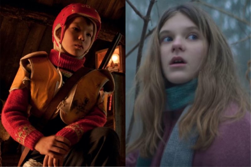 (left) A young boy named Pietari (Onni Tommila) battles a mythic/demonic Santa in <em>Rare Exports: Christmas Tale</em>. (right) A young girl named Josefine (Sonia Steen) befriends a strange woodland creature and upsets the delicate balance of a remote island in <em>Elves</em>.