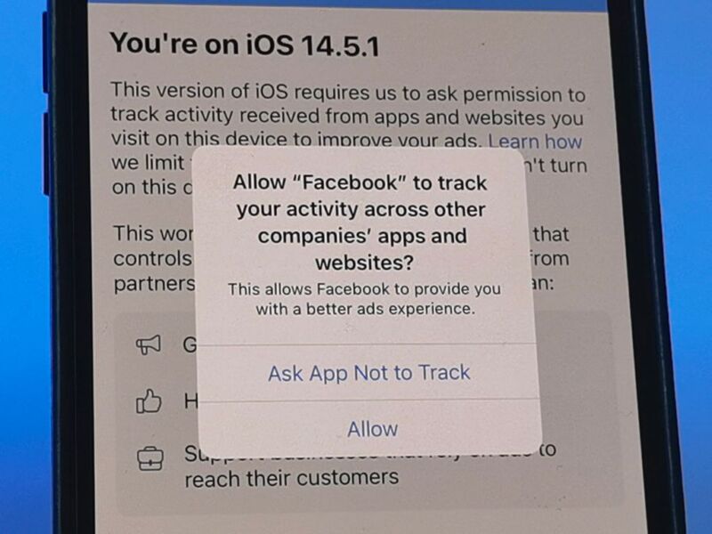 A privacy notice appears on an iPhone 12 under the new iOS 14.5.1 operating system. Developers of an application have to ask for the user's permission to allow cross-app tracking. 
