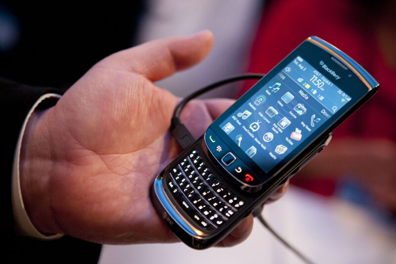 The Blackberry Torch, the company's first touchscreen phone, is on display during its New York debut in 2010.
