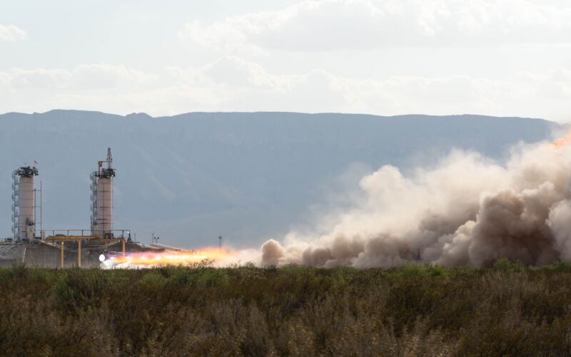 A full-power test of the BE-4 rocket engine in April 2019 in West Texas.