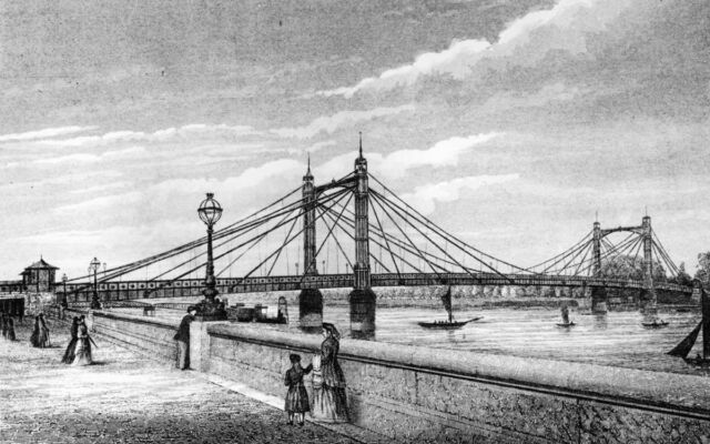 The Albert Bridge between Chelsea and Battersea in London, circa 1885. It was nicknamed 
