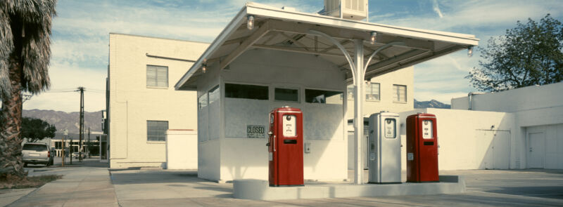 A 1960s Southern California gas station being restored.