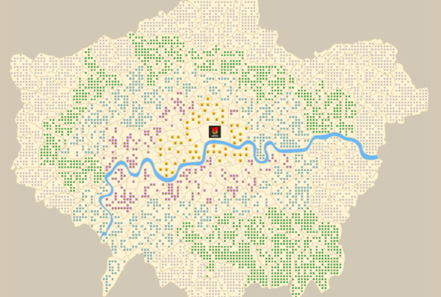 A map of the currently available plots of land being pre-sold in <em>Legacy</em>'s version of London.
