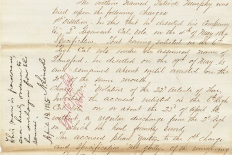 Abraham Lincoln's pardon for Patrick Murphy, a Civil War soldier in the Union Army who was court-martialed for desertion. 