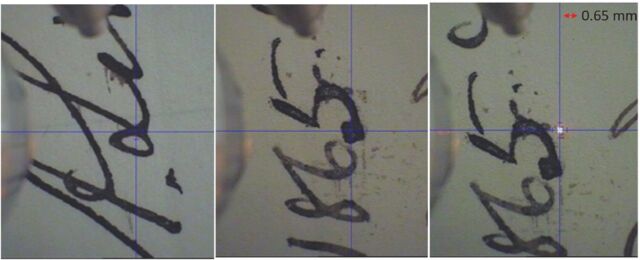 Examples of three of the different scan spots selected to compare the ink used by Lincoln in the 