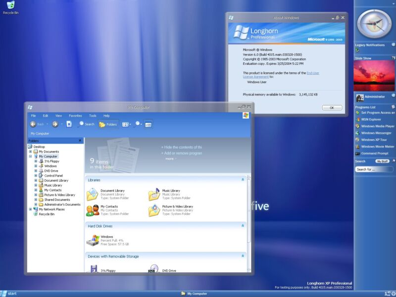 The earliest-known version of the Aero theme in a March 2003 Windows Longhorn build, nearly four years before Windows Vista's public release.