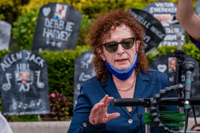 Artist and harm reduction activist Nan Goldin at a demonstration in White Plains, NY.